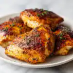 Delicious baked chicken thighs seasoned with herbs and spices, crispy skin, perfect for healthy eating.