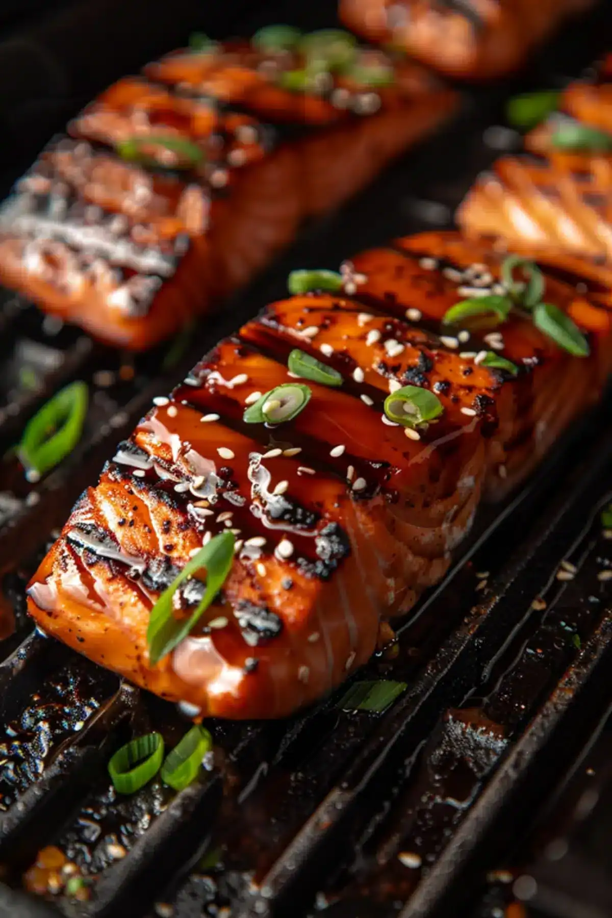 Delicious grilled salmon sushi rolls topped with sesame seeds and scallions, perfect for seafood lovers.