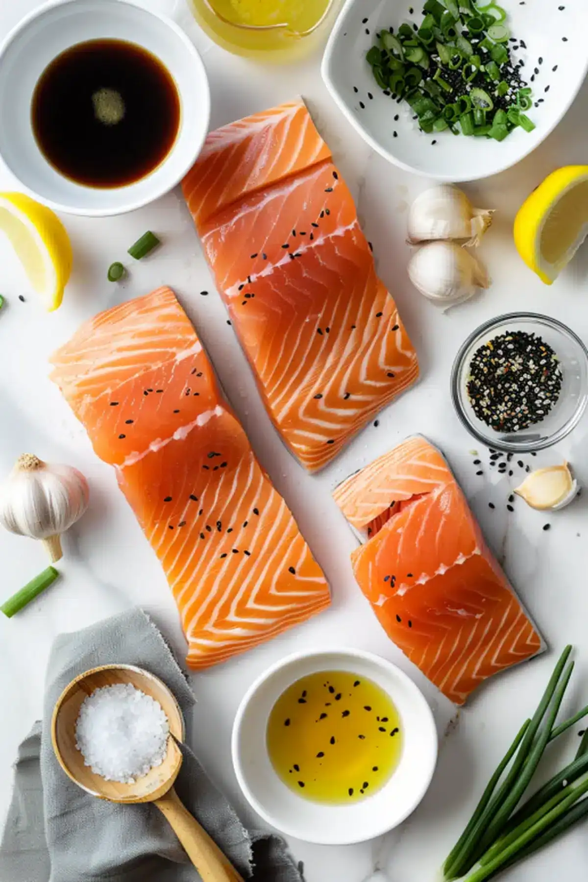 Delicious raw salmon slices with seasonings, surrounded by garlic, lemon, soy sauce, and sesame seeds.