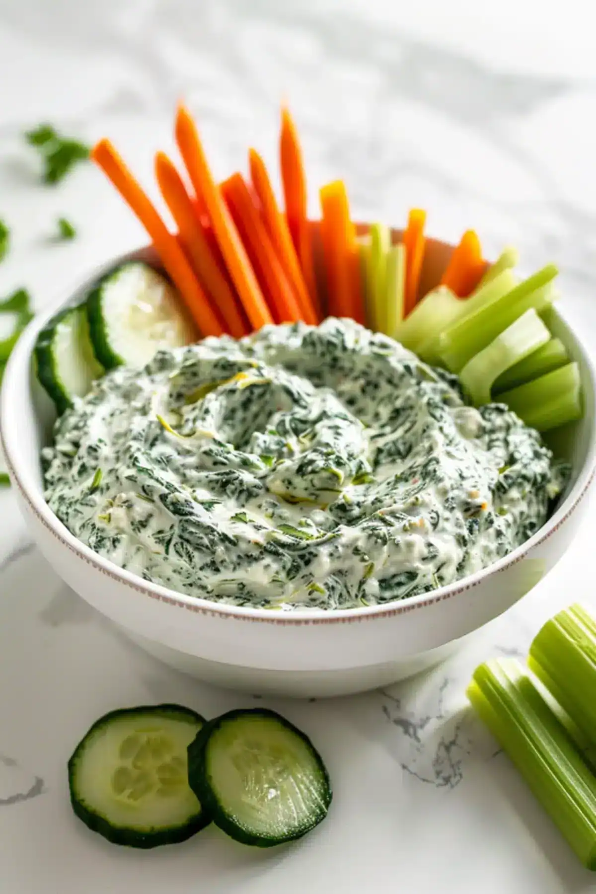 Delicious creamy spinach dip with fresh vegetables for healthy snacking and parties. Perfect for dips and appetizer platters.