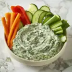 Colorful vegetable platter with creamy herb dip, perfect for parties and gatherings.