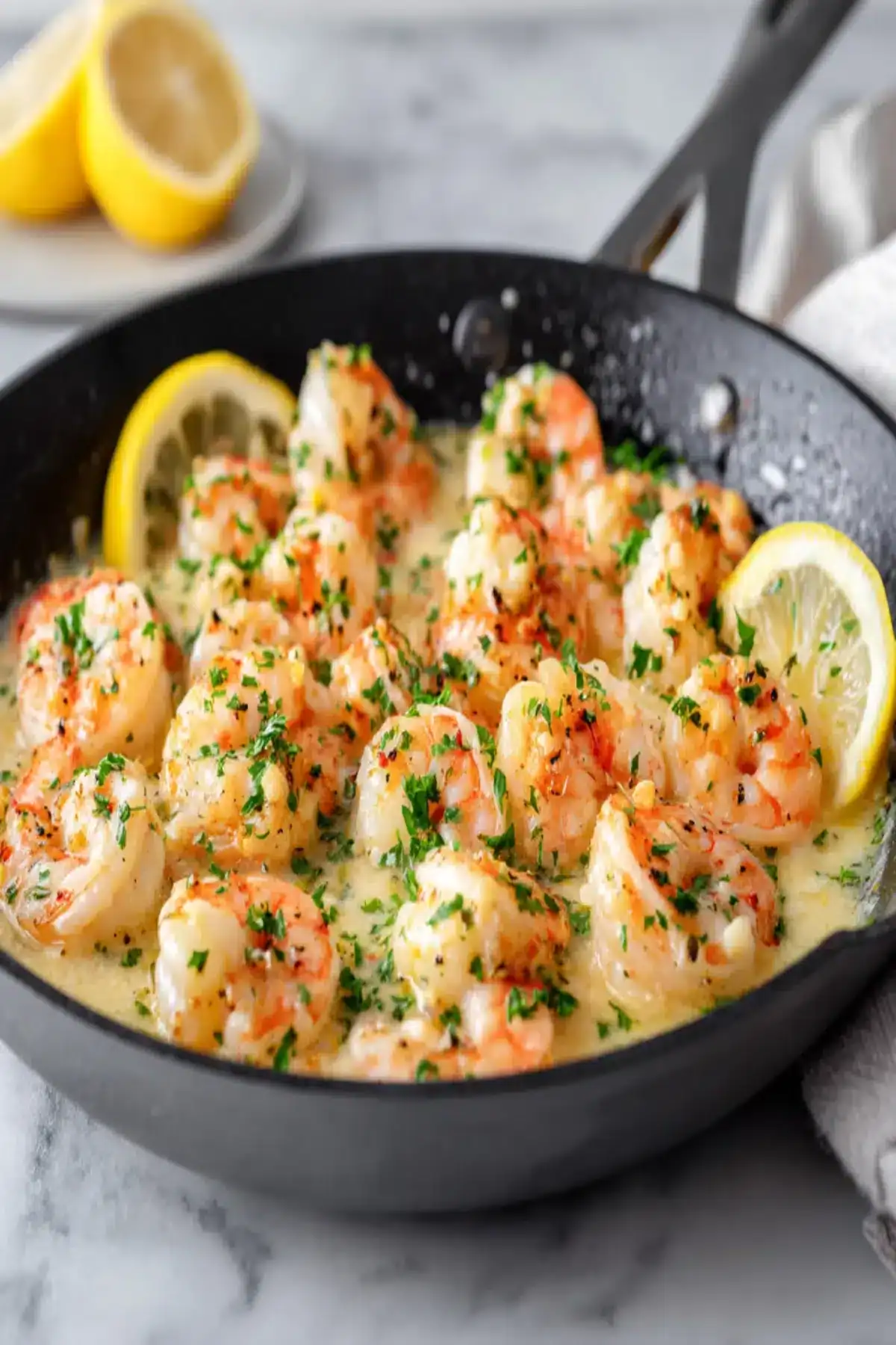 Delicious shrimp scampi cooked with garlic, butter, and lemon, served in a skillet garnished with fr.