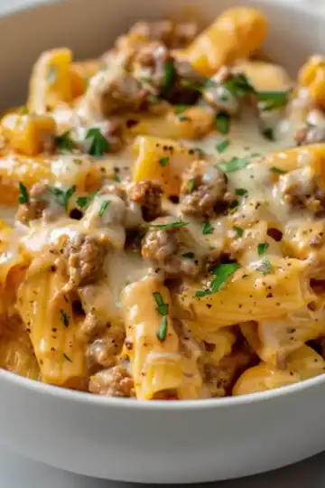 Creamy crockpot beef pasta with cheese and herbs, perfect comfort dinner.