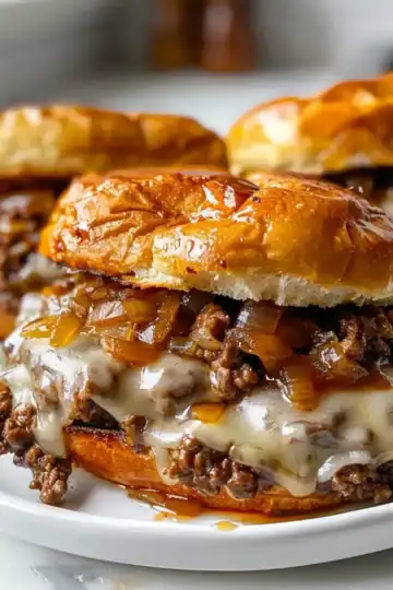 Delicious French Onion Beef Sloppy Joes on soft buns, perfect for comfort meals.